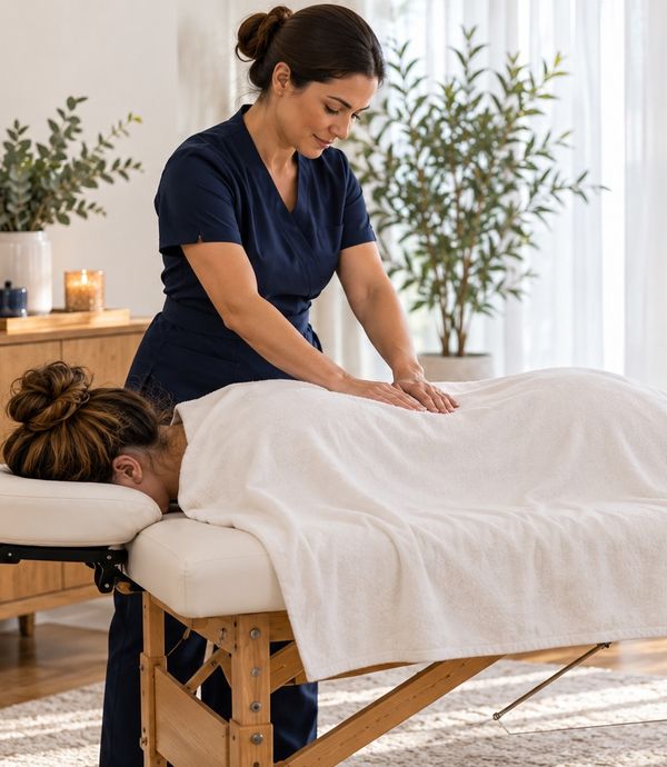 Massoterapeuta fazendo massagem nas costas de uma cliente deitada na maca, em um ambiente claro e acolhedor