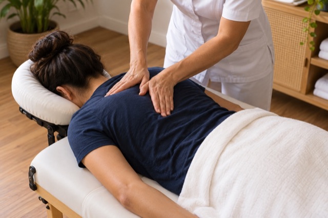 Mulher deitada de bruços na maca recebendo massagem terapêutica nos ombros